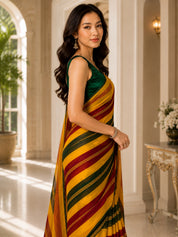 Vervee Couture Women Yellow Maroon & Green Striped Georgette Saree with Semi-Stitched Blouse