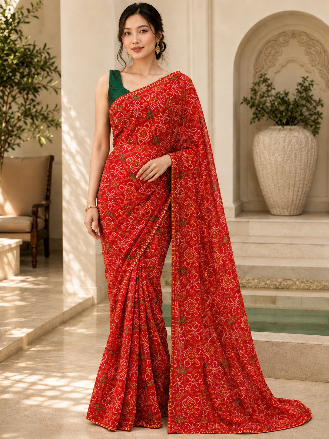 Vervee Couture Women Red Bandhani Printed Georgette Saree with Semi-Stitched Blouse