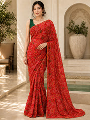 Vervee Couture Women Red Bandhani Printed Georgette Saree with Semi-Stitched Blouse