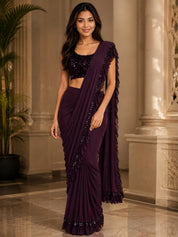 Vervee Couture Women Purple Embellished Ruffled Ready to Wear Saree