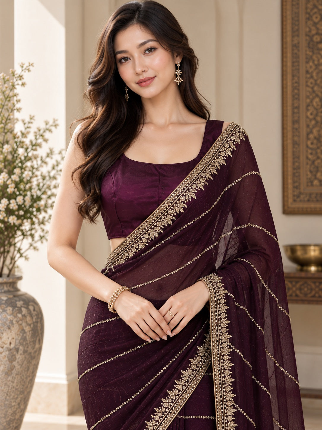 Vervee Couture Women Wine Embellished Poly Georgette Saree with Semi-Stitched Designer Blouse