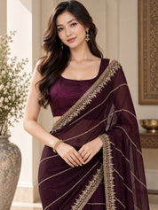 Vervee Couture Women Wine Embellished Poly Georgette Saree with Semi-Stitched Designer Blouse