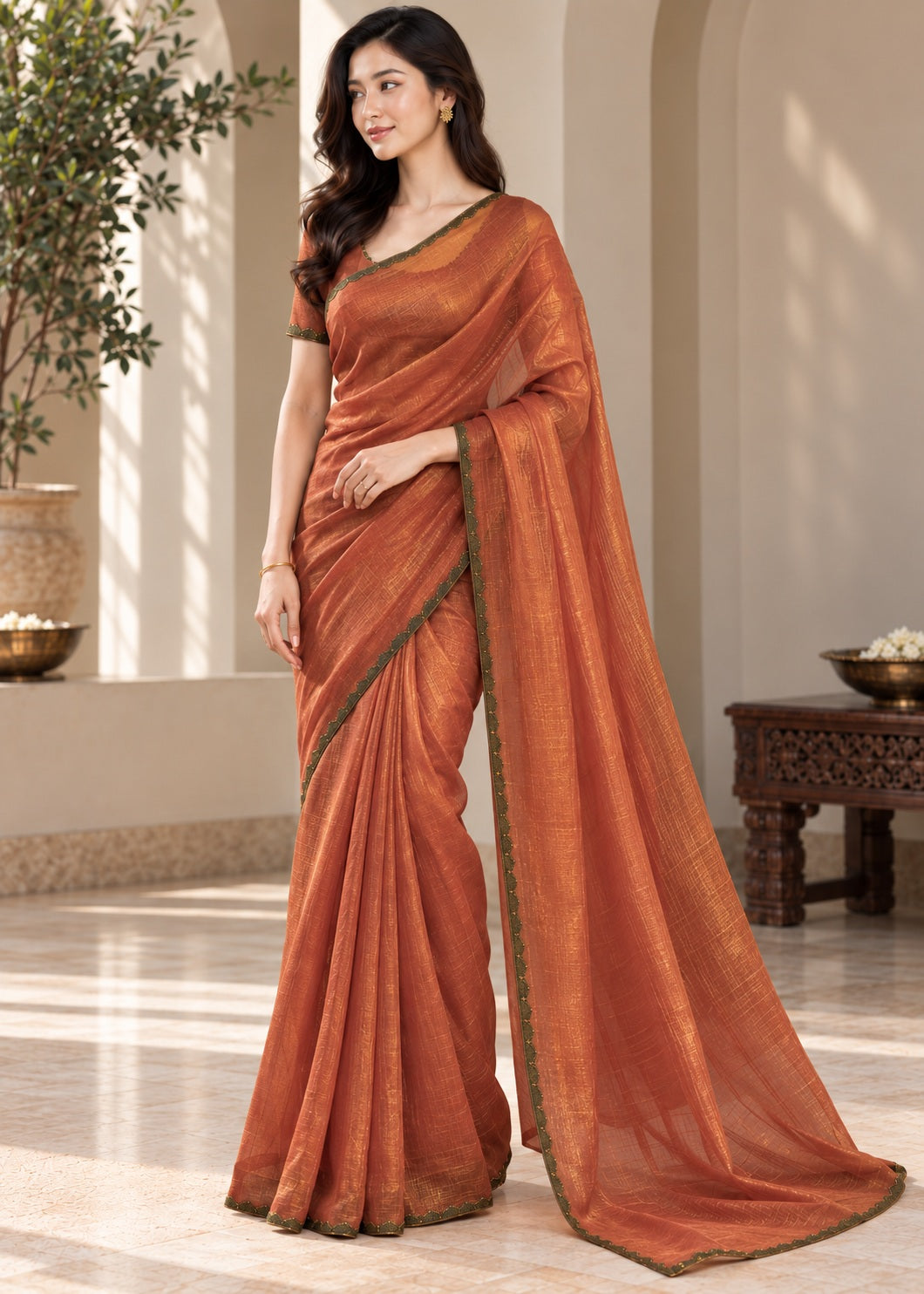Vervee Couture Women Copper Solid Tissue Saree