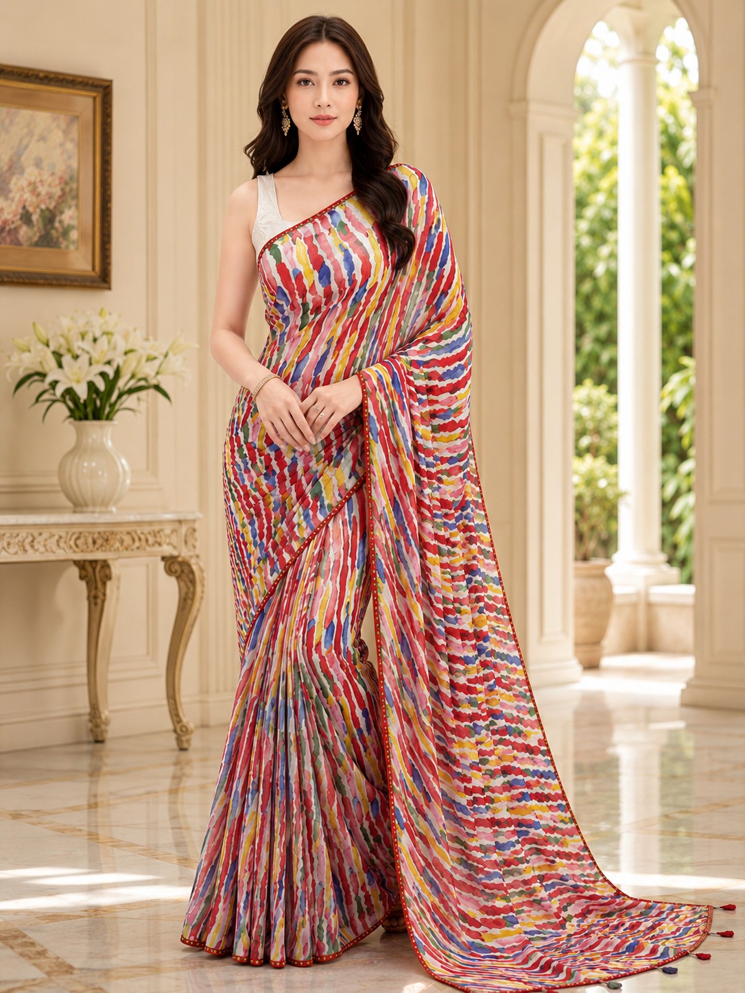 Women Off White Multicoloured Abstract Printed Georgette Saree with Semi-Stitched Blouse