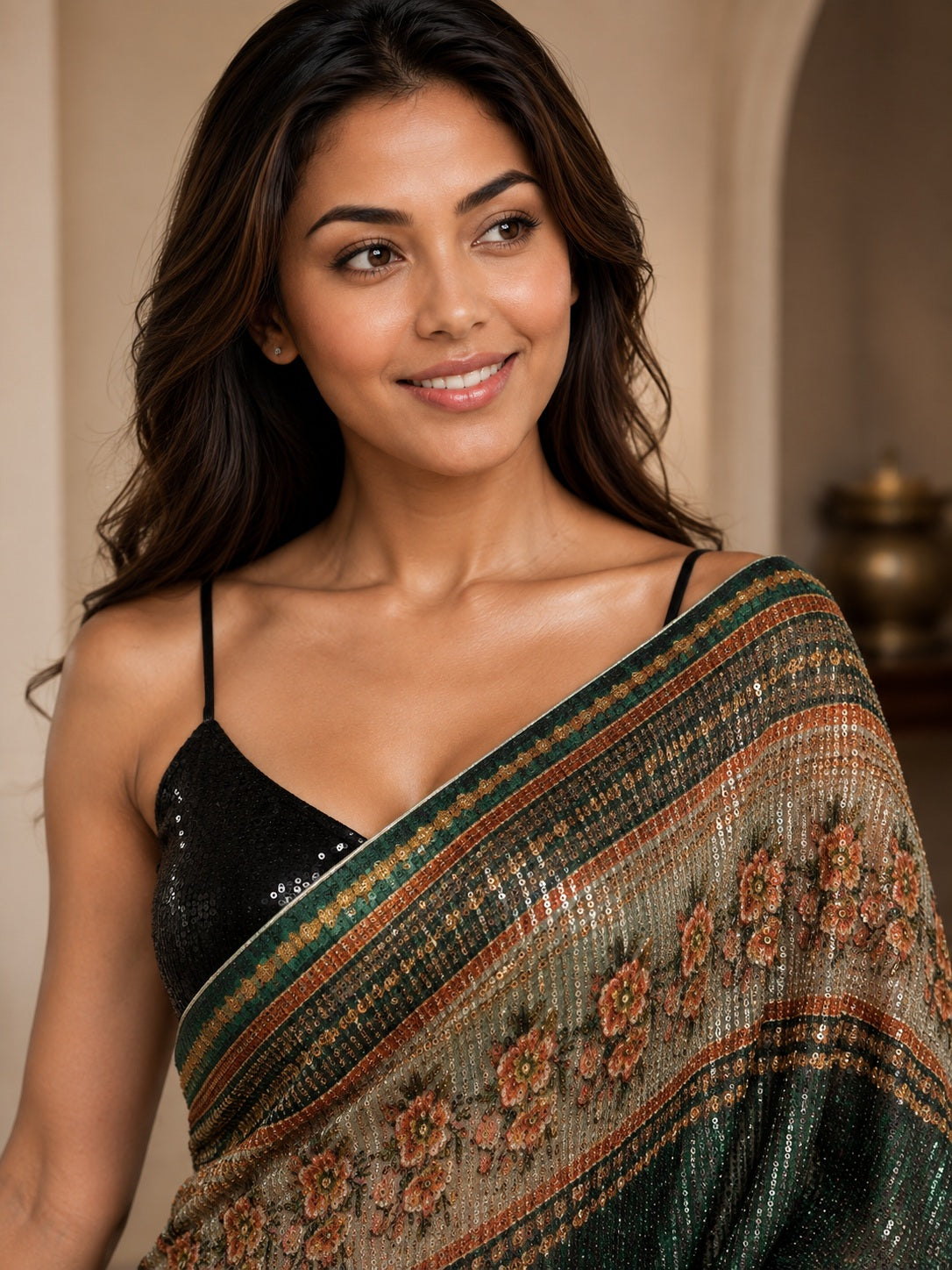 Vervee Couture Women Green Sequinned Net Saree with Semi-Stitched Designer Blouse