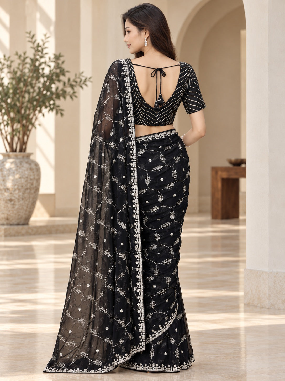 Vervee Couture Women Black Embroidered Net Saree with Semi-Stitched Designer Blouse