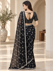 Vervee Couture Women Black Embroidered Net Saree with Semi-Stitched Designer Blouse