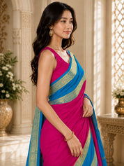 Vervee Couture Women Pink & Blue Woven Design Zari Silk Blend Saree