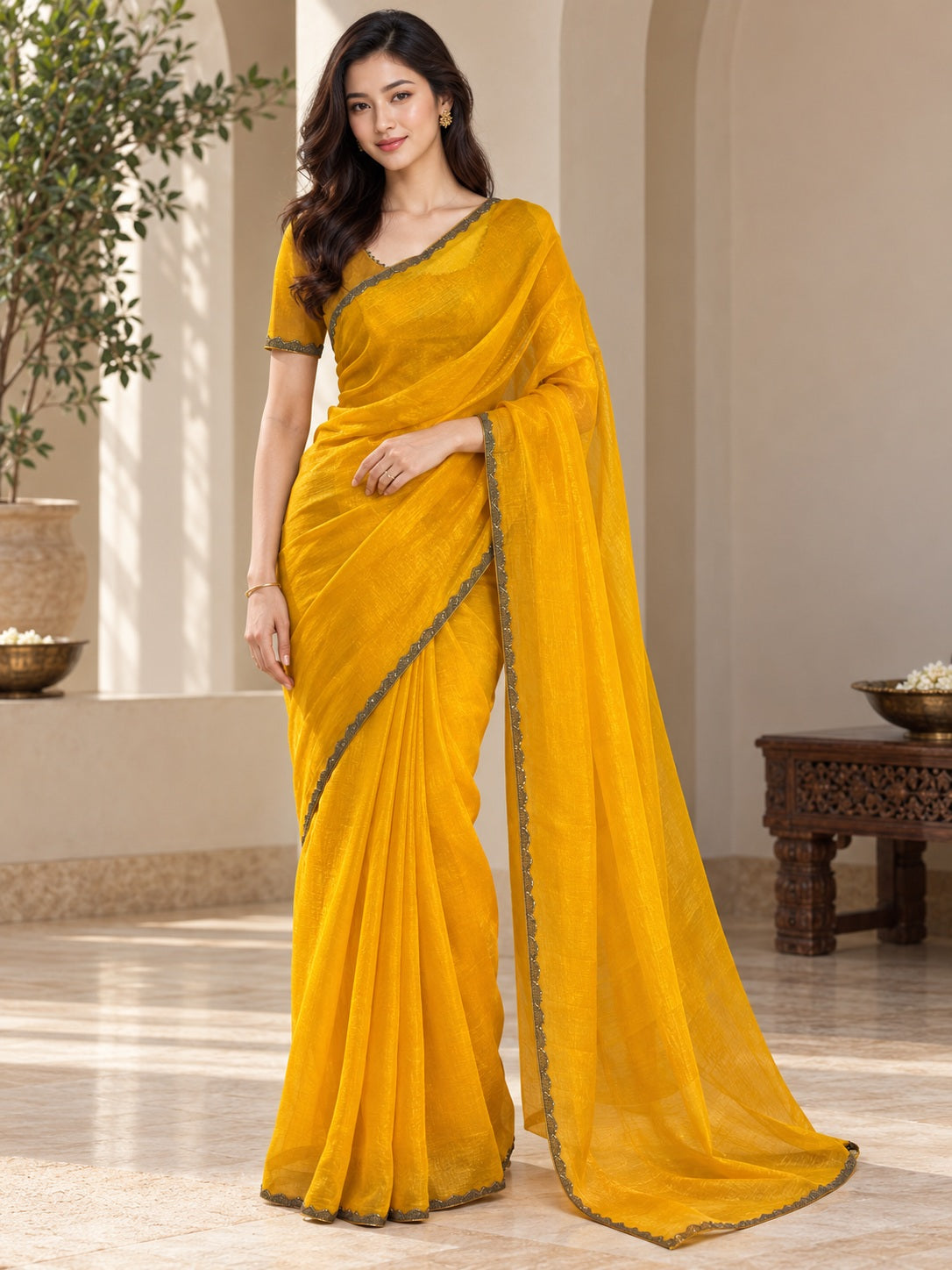 Vervee Couture Women Mustard Yellow Solid Tissue Saree