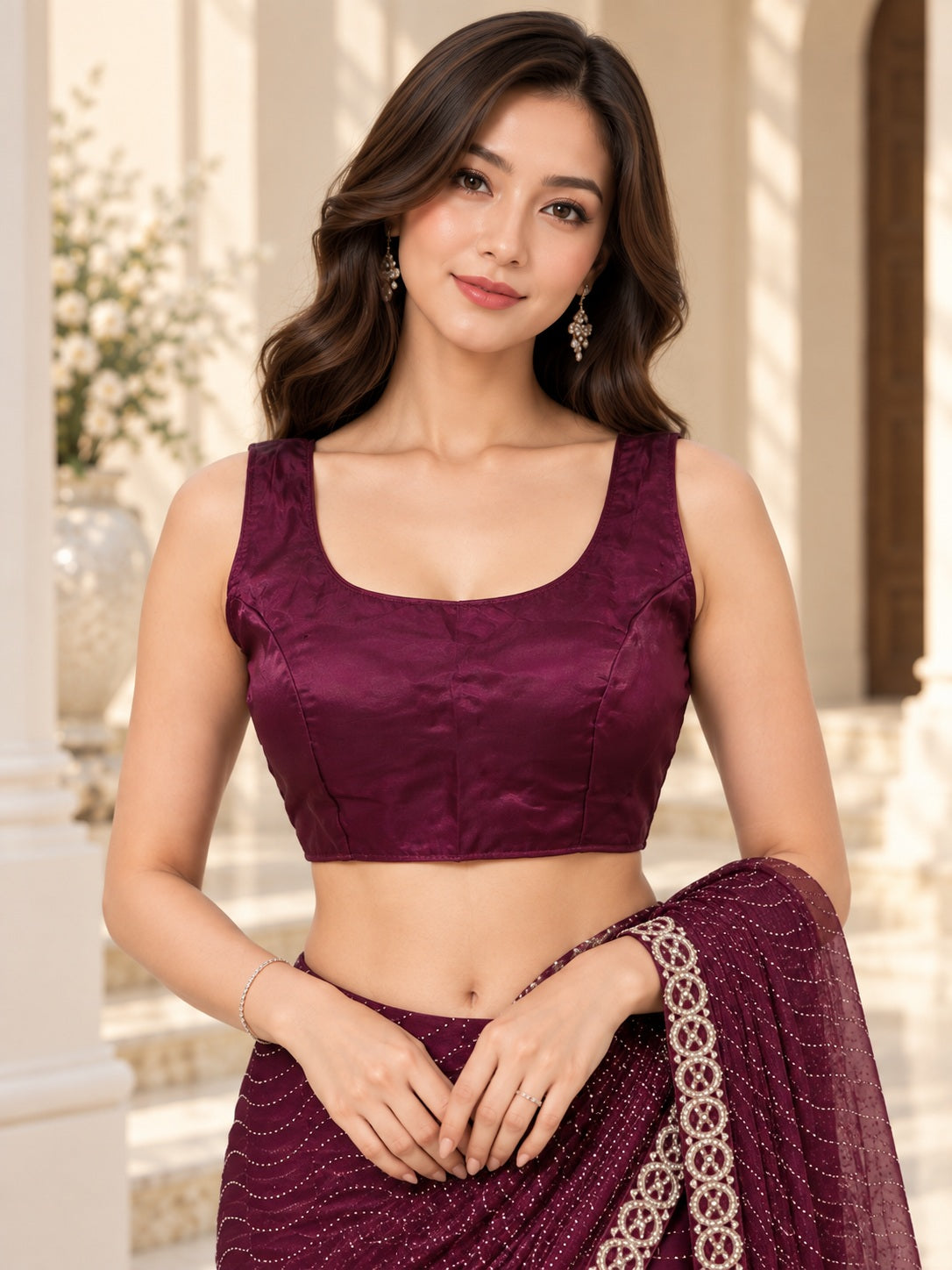 Vervee Couture Women Wine Embellished Net Saree with Semi-Stitched Designer Blouse