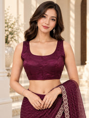 Vervee Couture Women Wine Embellished Net Saree with Semi-Stitched Designer Blouse