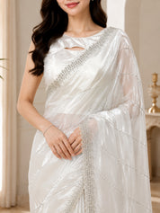 Vervee Couture Women White Embellished Organza Saree with Semi-Stitched Designer Blouse