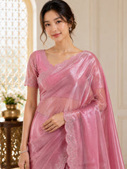 Vervee Couture Women Pink Embellished Tissue Organza Saree