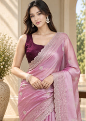 Vervee Couture Women Mauve Embellished Tissue Saree with Semi-Stitched Designer Blouse