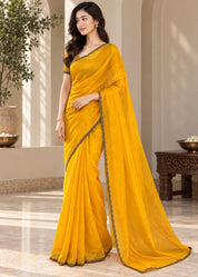 Vervee Couture Women Mustard Yellow Solid Tissue Saree