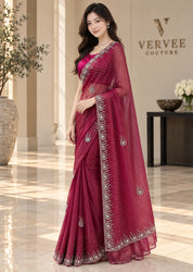 Vervee Couture Women Magenta Embellished Tissue Saree with Semi-Stitched Designer Blouse