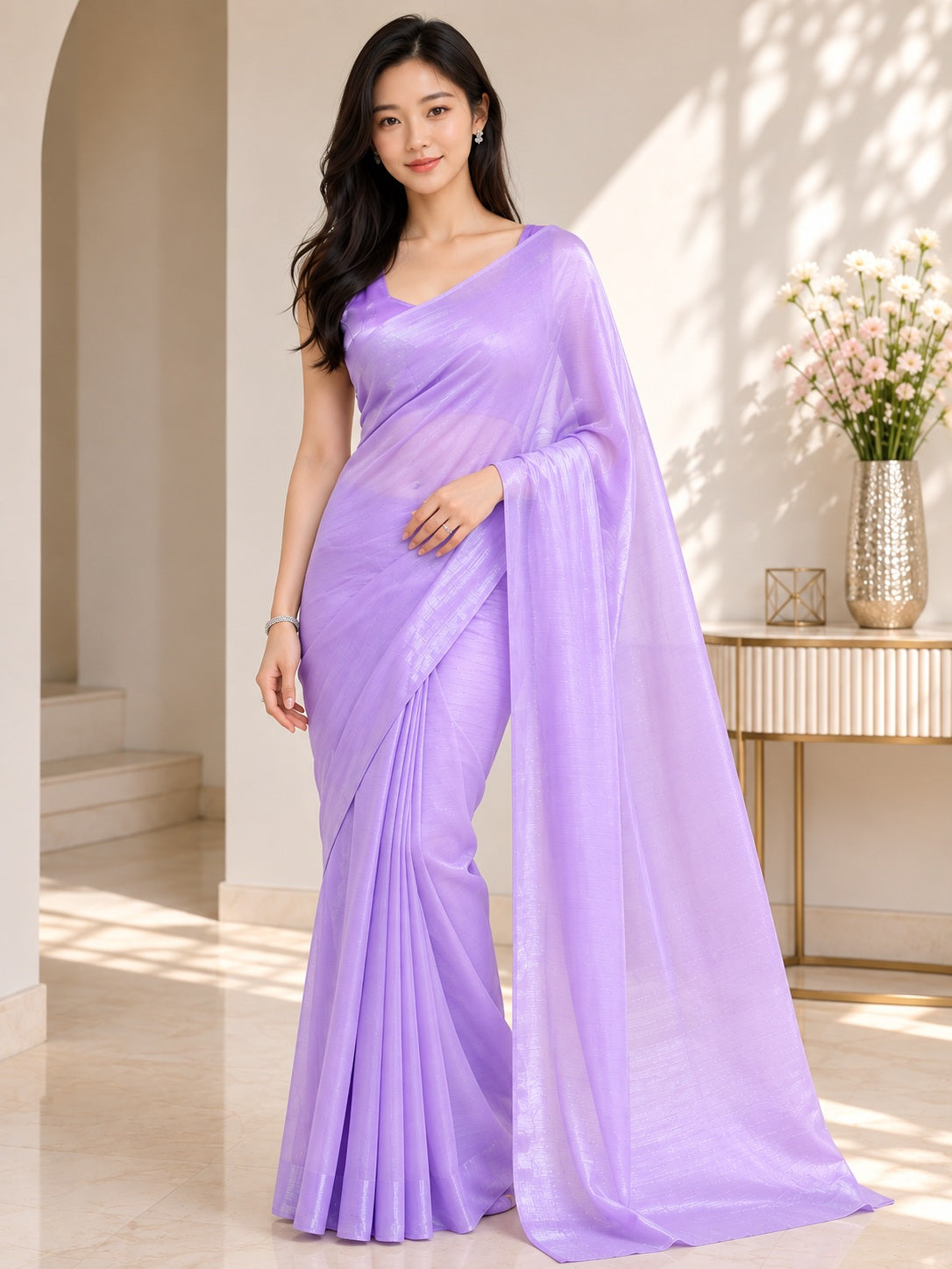 Vervee Couture Women Lavender Solid Poly Georgette Saree with Semi-Stitched Designer Blouse