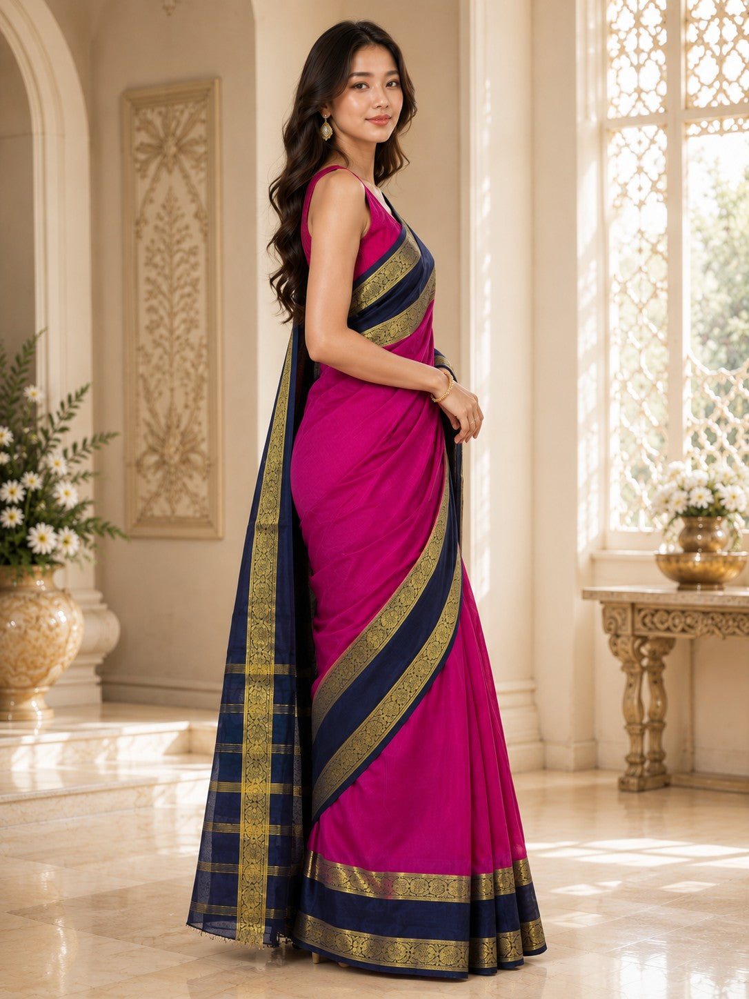 Vervee Couture Women Pink & Navy Blue Woven Design Zari Silk Saree