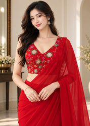 Vervee Couture Women Red Embellished Poly Georgette Saree with Semi-Stitched Designer Blouse