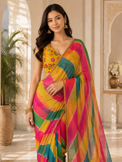 Vervee Couture Women Multicoloured Striped Georgette Saree with Semi-Stitched Blouse