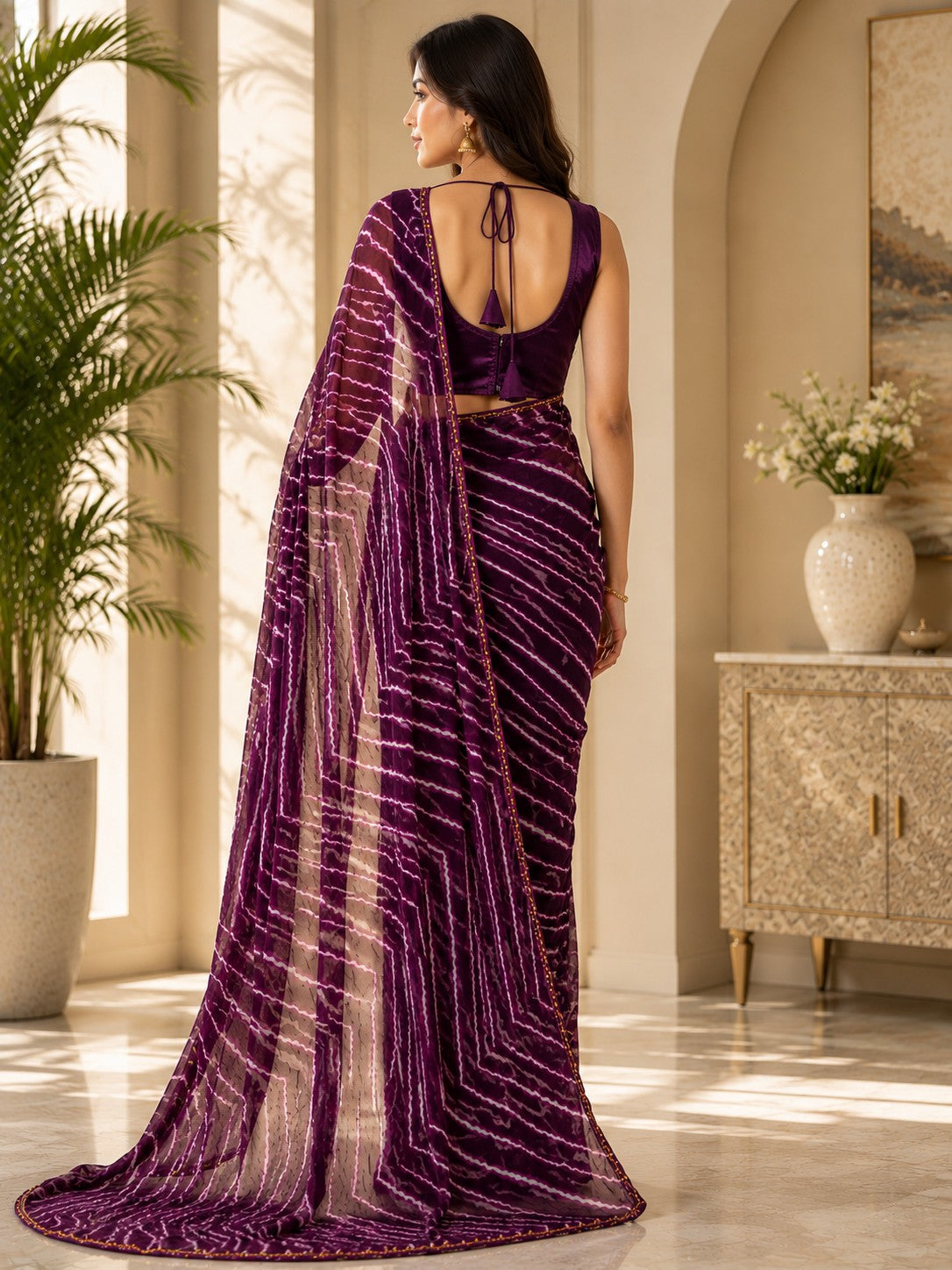 Vervee Couture Women Purple Leheriya Georgette Saree with Semi-Stitched Blouse