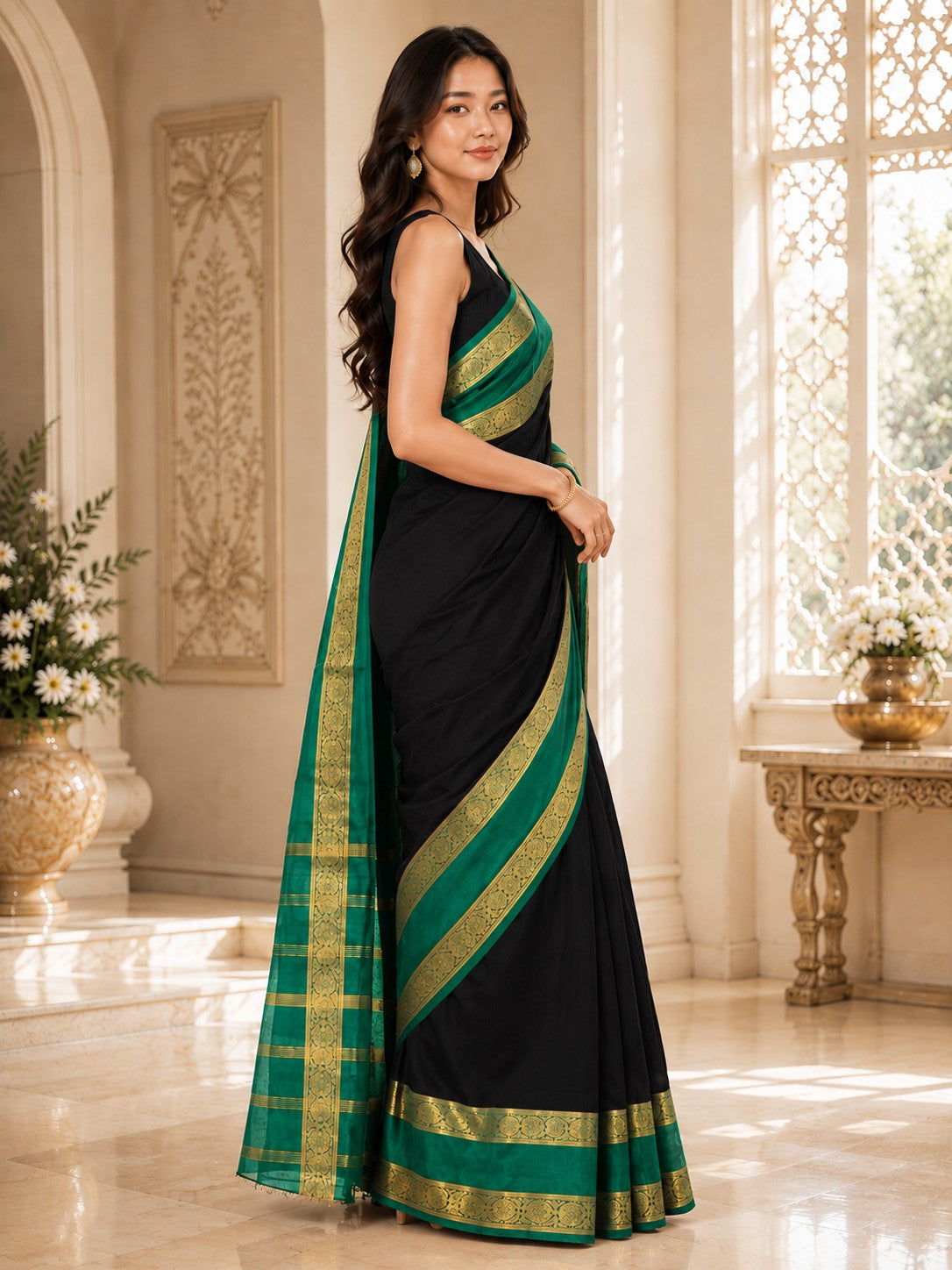 Vervee Couture Women Black & Green Woven Design Zari Silk Saree