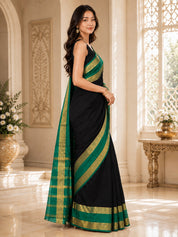 Vervee Couture Women Black & Green Woven Design Zari Silk Saree
