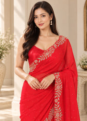 Vervee Couture Women Red Embellished Poly Georgette Saree with Semi-Stitched Designer Blouse