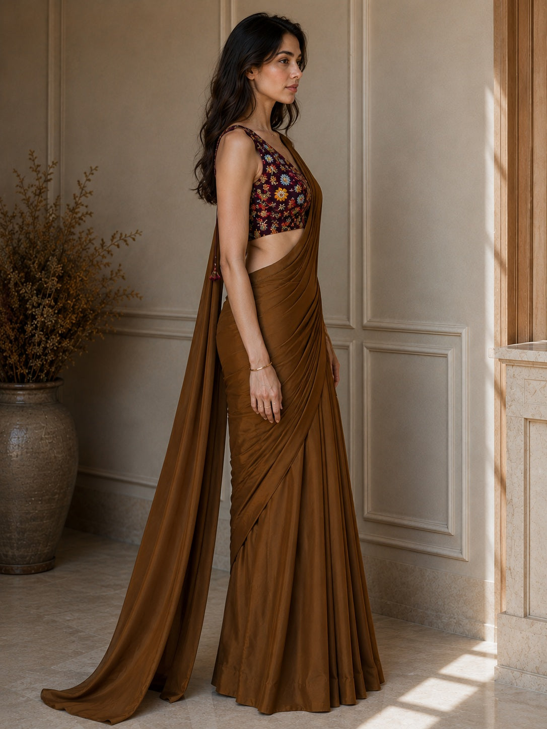 Vervee Couture Women Brown Satin Saree with Semi-Stitched Designer Blouse