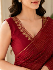 Vervee Couture Women Maroon Striped Georgette Saree with Semi-Stitched Designer Blouse
