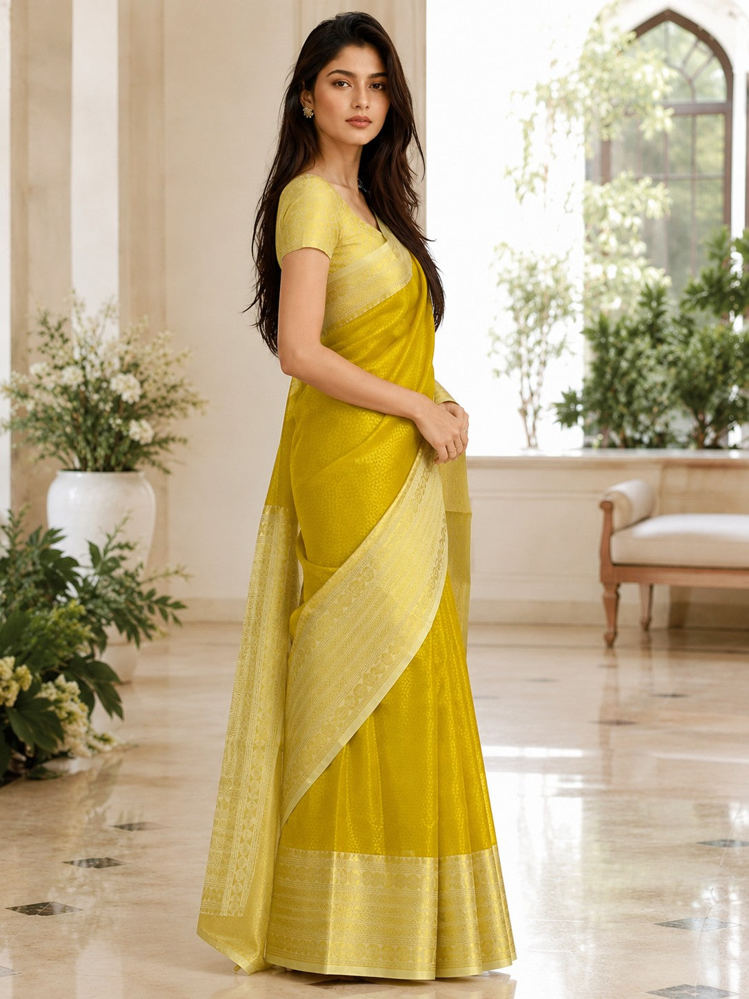 Vervee Couture Women Yellow Ethnic Motifs Woven Design Zari Silk Blend Saree