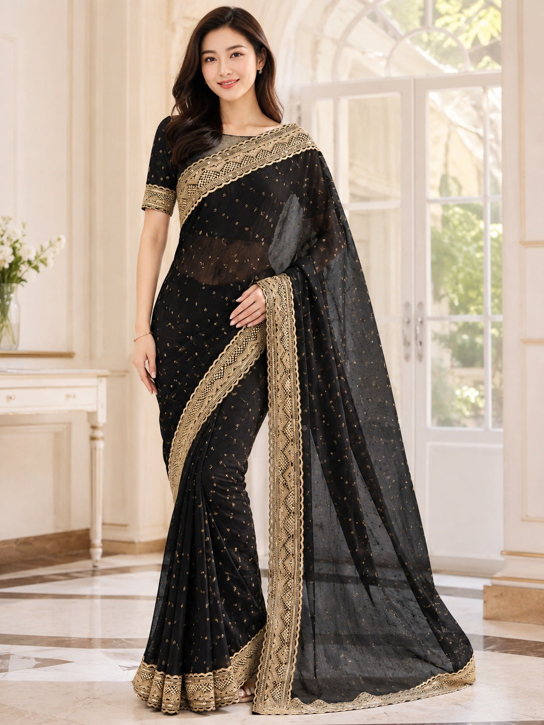 Vervee Couture Women Black Embellished Net Saree