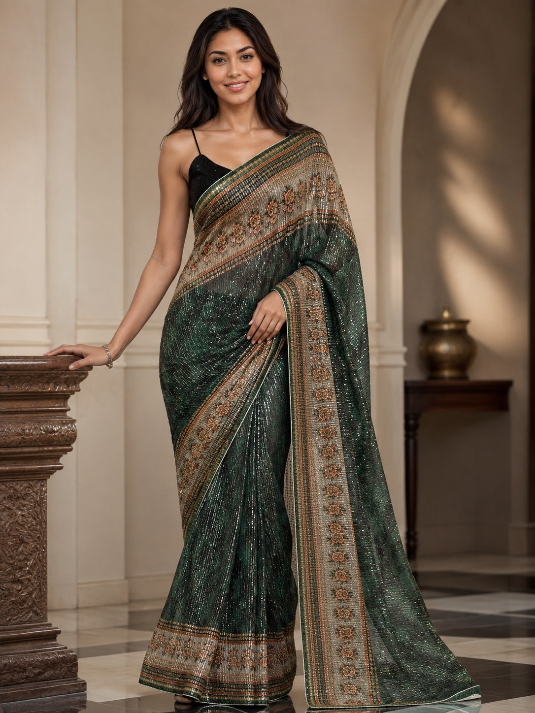 Vervee Couture Women Green Sequinned Net Saree with Semi-Stitched Designer Blouse