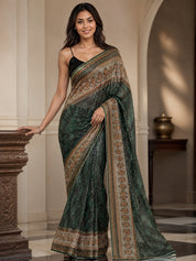 Vervee Couture Women Green Sequinned Net Saree with Semi-Stitched Designer Blouse