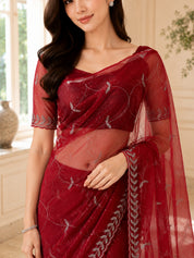 Vervee Couture Women Wine Embroidered Poly Net Saree