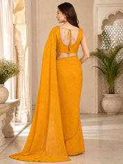 Vervee Couture Women Yellow Leheriya Georgette Saree with Semi-Stitched Blouse