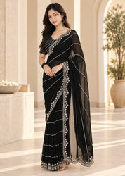Vervee Couture Women Black Embellished Net Saree with Semi-Stitched Designer Blouse
