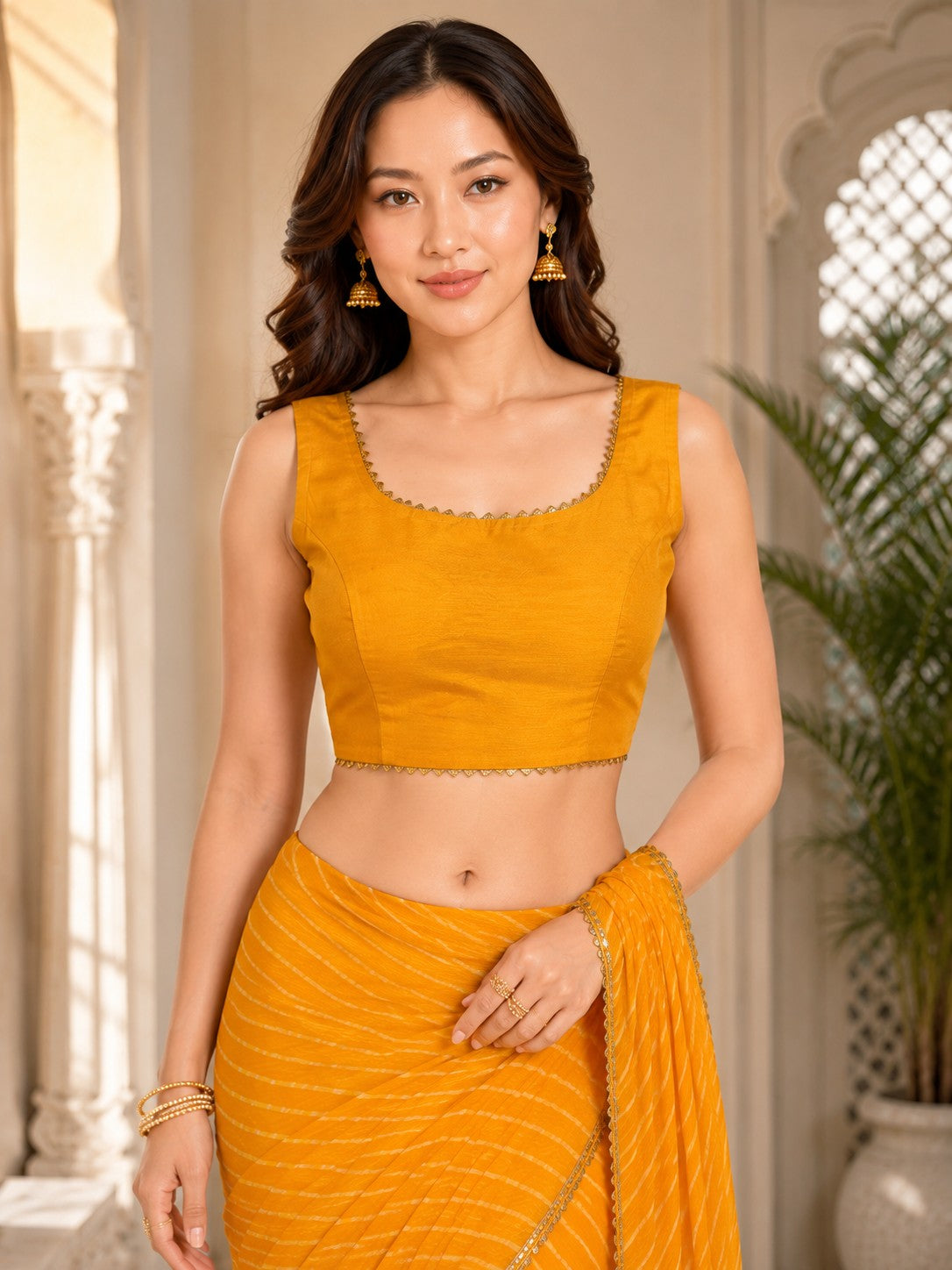 Vervee Couture Women Yellow Leheriya Georgette Saree with Semi-Stitched Blouse