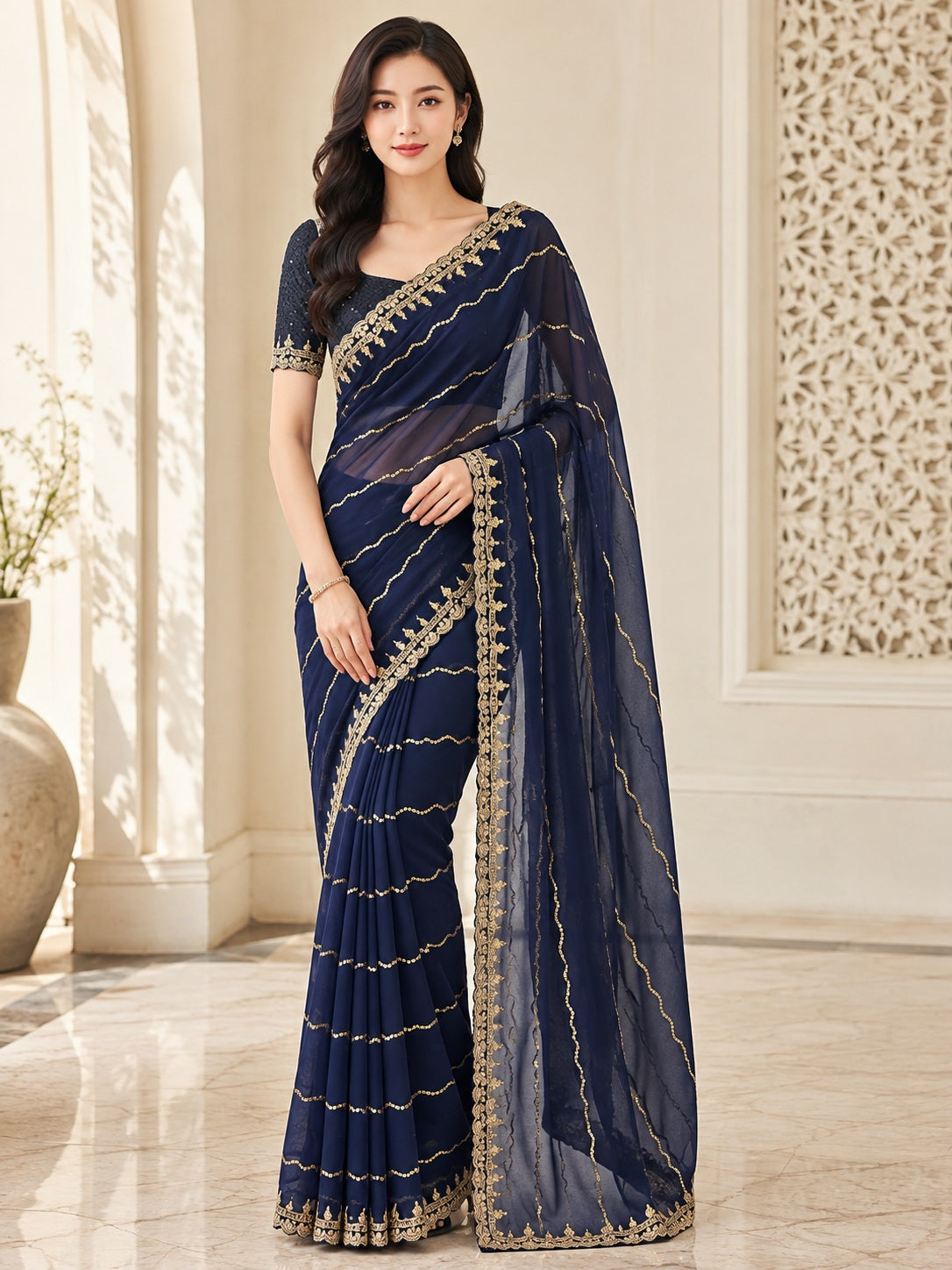Vervee Couture Women Navy Blue Gold Embellished Poly Georgette Saree