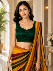 Vervee Couture Women Yellow Maroon & Green Striped Georgette Saree with Semi-Stitched Blouse