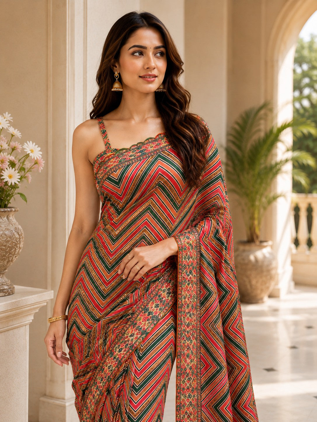 Vervee Couture Women Orange & Green Geometric Printed Georgette Saree
