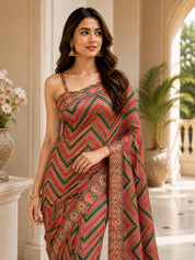 Vervee Couture Women Orange & Green Geometric Printed Georgette Saree