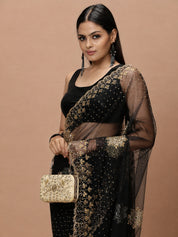 Vervee Couture Women Black Embellished Net Saree with Semi-Stitched Designer Blouse