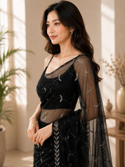 Vervee Couture Women Black Embroidered Poly Net Saree