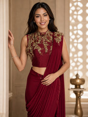 Vervee Couture Women Burgundy Embroidered Ready to Wear Saree
