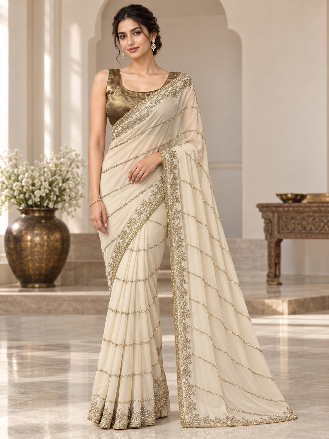 Vervee Couture Women Cream Embellished Poly Georgette Saree with Semi-Stitched Designer Blouse