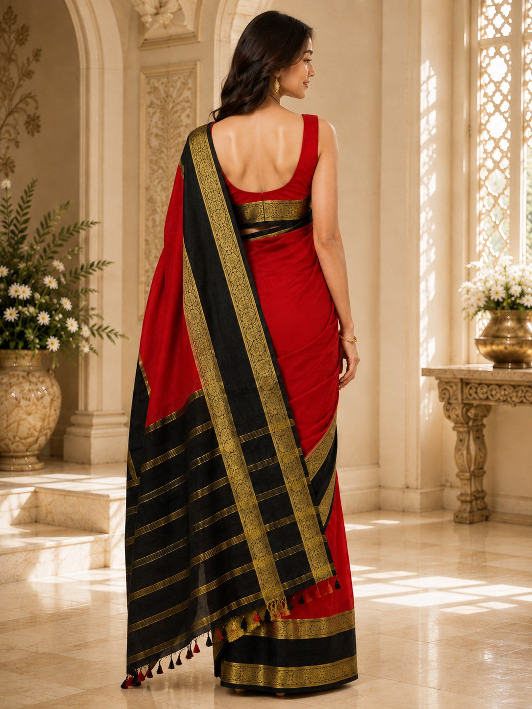 Vervee Couture Women Red & Black Woven Design Zari Silk Blend Saree