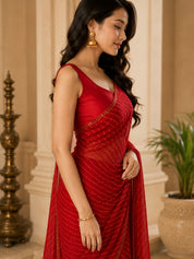 Vervee Couture Women Red Leheriya Georgette Saree with Semi-Stitched Blouse