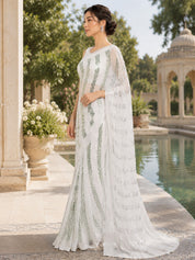 Vervee Couture Women White and Green Embellished Georgette Saree