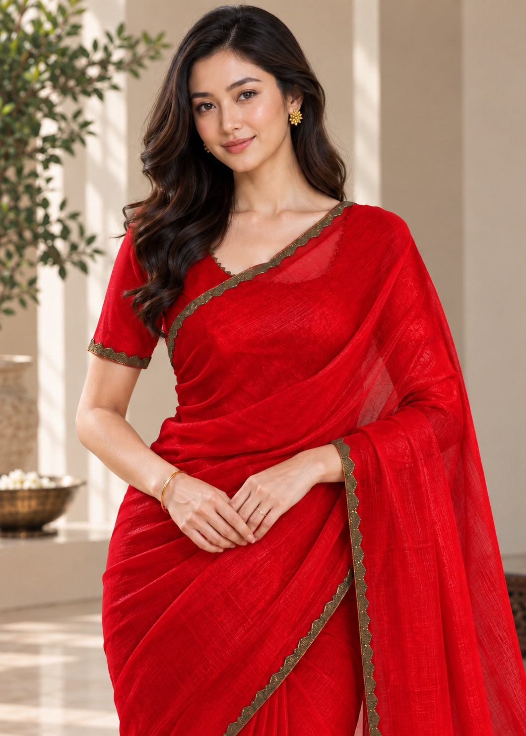 Vervee Couture Women Red Solid Tissue Saree